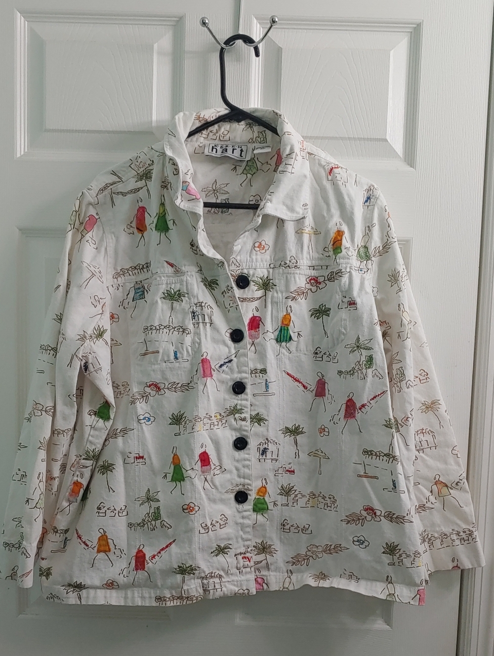 Vintage Keren Hart Novelty Print Jacket Women's 3X White Tropical Button Front